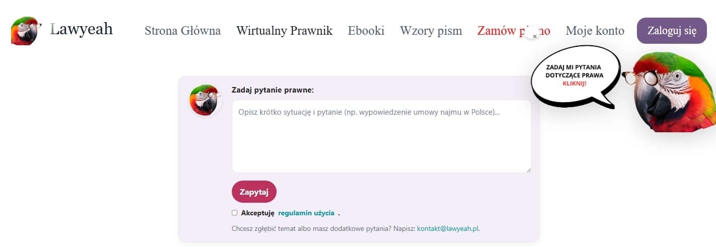 Podgląd Wirtualnego Prawnika na Lawyeah.pl – ekran z okienkiem zadawania pytań.